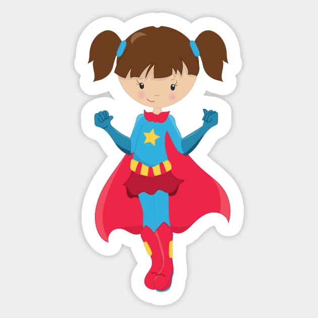 Superhero Girl, Cute Girl, Brown Hair, Red Cape Sticker by Jelena Dunčević